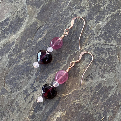 Gemstone earrings with Pink Sapphire, Rose Quartz & Garnet Heart