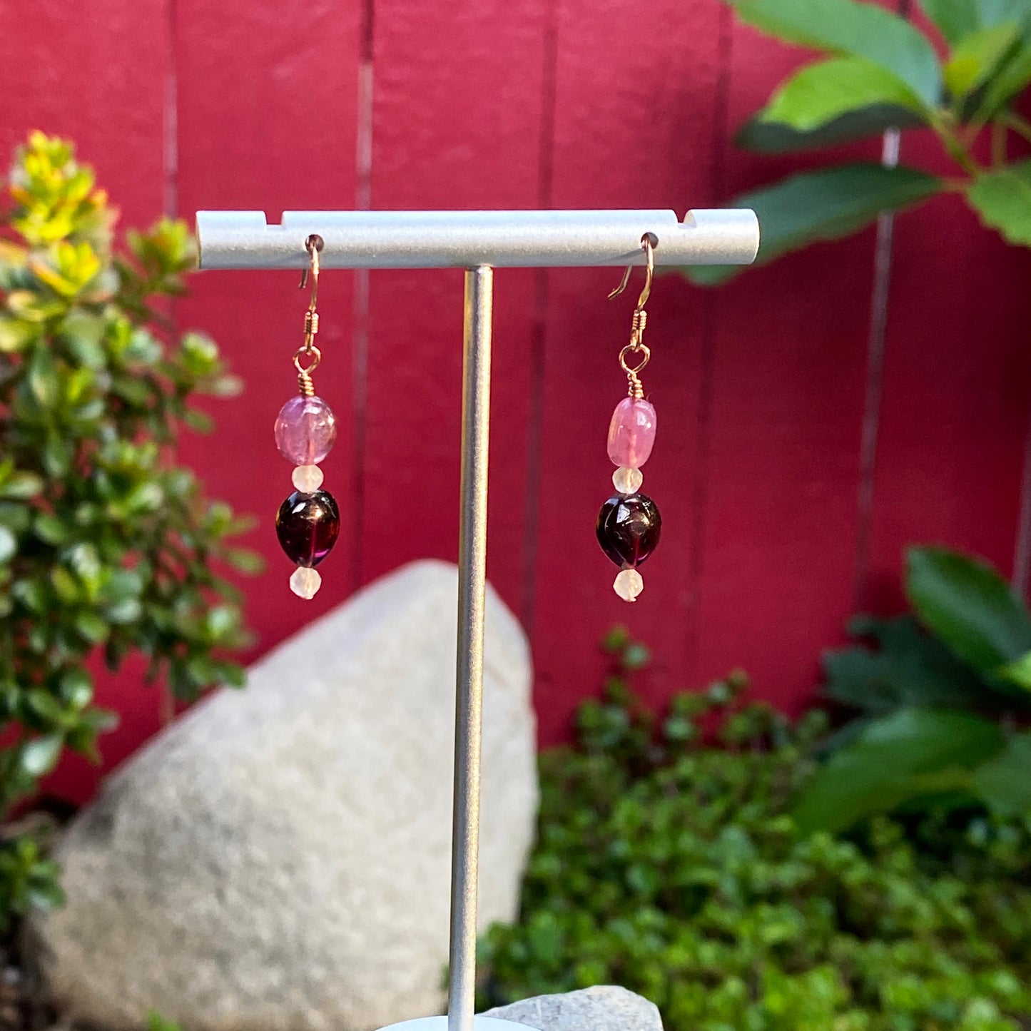 Gemstone earrings with Pink Sapphire, Rose Quartz & Garnet Heart