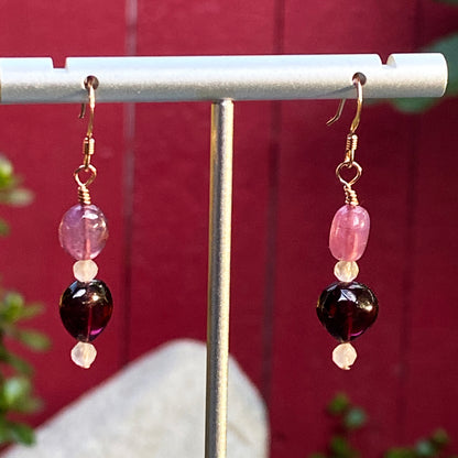 Gemstone earrings with Pink Sapphire, Rose Quartz & Garnet Heart