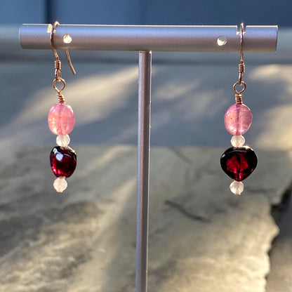 Gemstone earrings with Pink Sapphire, Rose Quartz & Garnet Heart