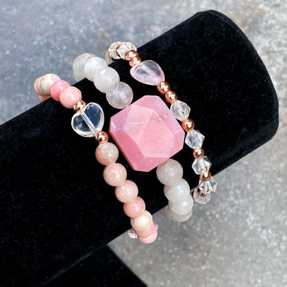 Women's KISS Gemstone bracelet stack set with Opals, Rose Quartz and Clear Quartz heart.