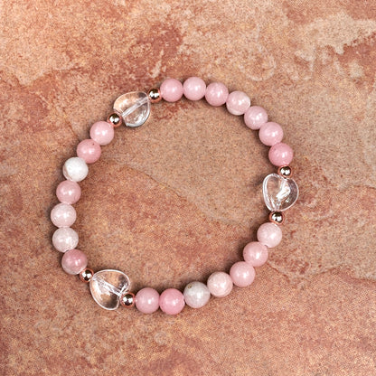 Women's KISS Gemstone bracelet stack set with Opals, Rose Quartz and Clear Quartz heart.