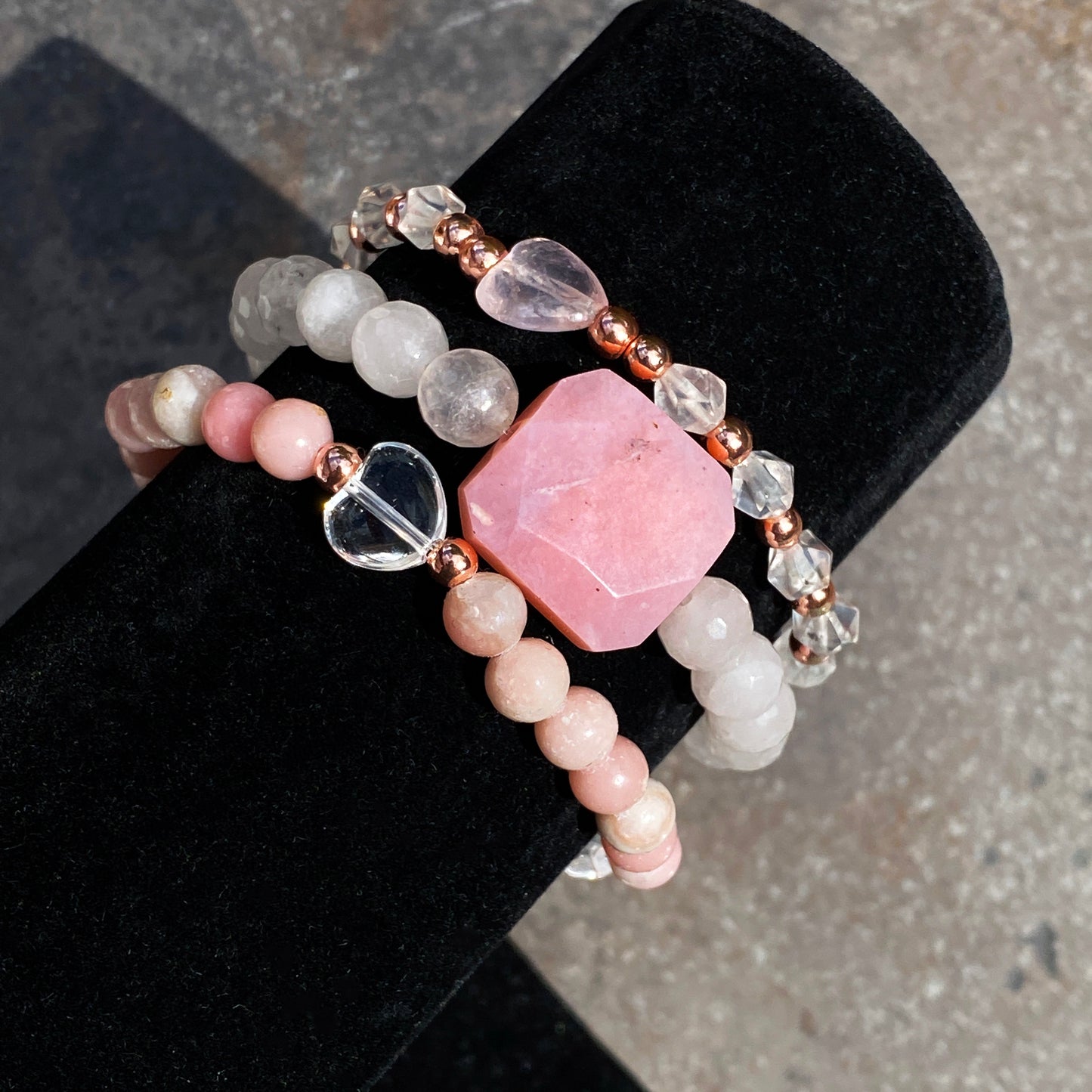 Women's KISS Gemstone bracelet stack set with Opals, Rose Quartz and Clear Quartz heart.