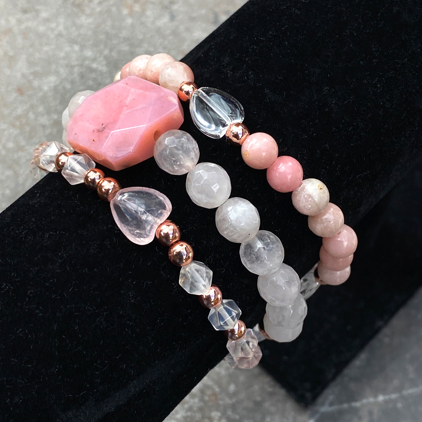 Women's KISS Gemstone bracelet stack set with Opals, Rose Quartz and Clear Quartz heart.