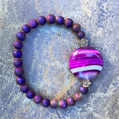 Purple Banded Agate Gemstone, Sterling Silver, Druzy Agate, women’s Stretch Bracelet