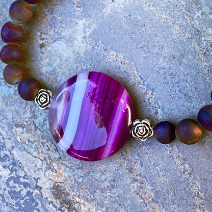 Purple Banded Agate Gemstone, Sterling Silver, Druzy Agate, women’s Stretch Bracelet