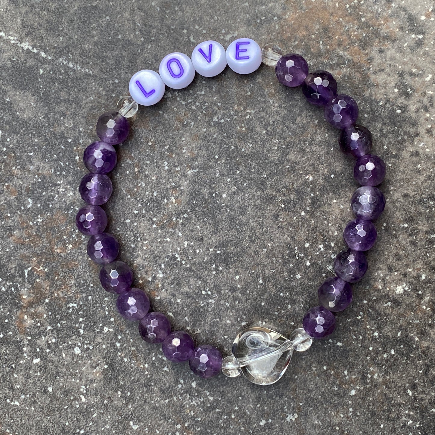 Women's Three Purple Gemstone "LOVE" bracelet stack made of white Jade, Amethyst, clear Quartz