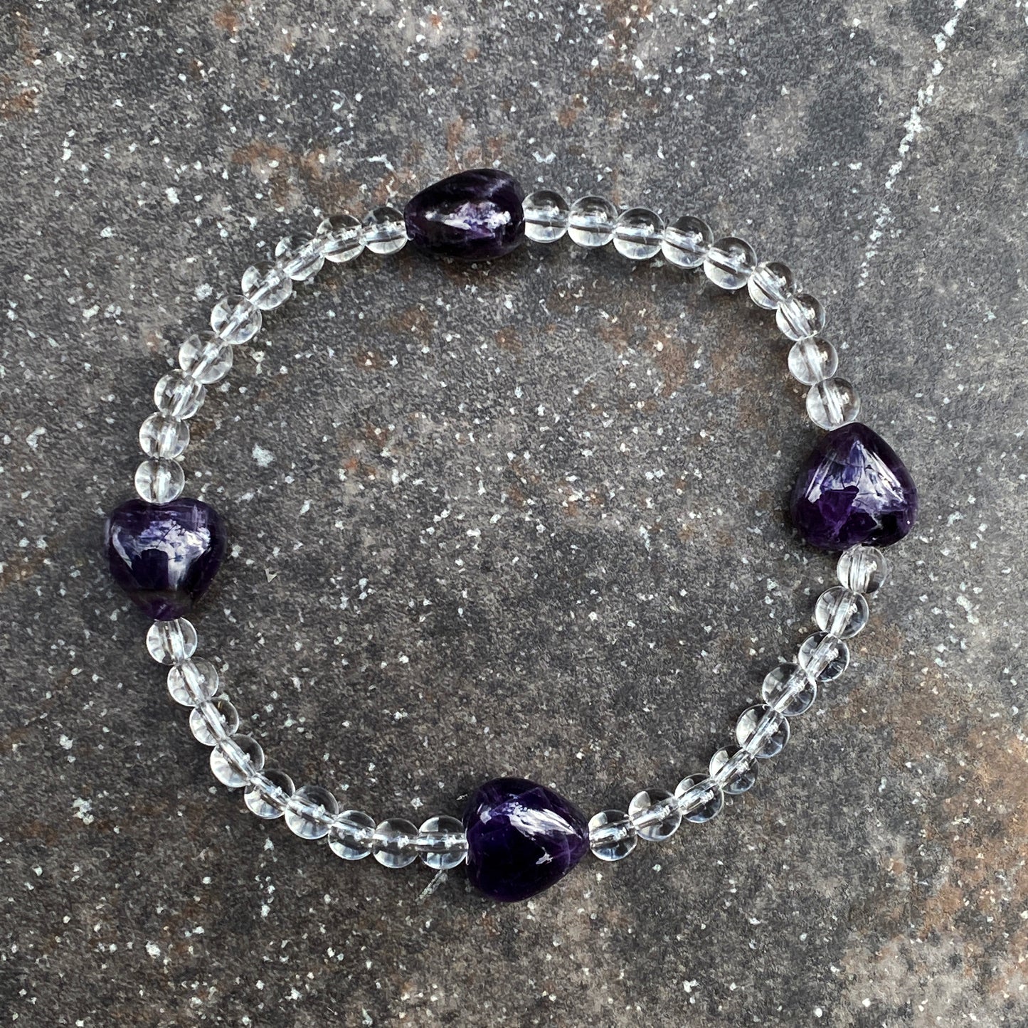 Women's Three Purple Gemstone "LOVE" bracelet stack made of white Jade, Amethyst, clear Quartz