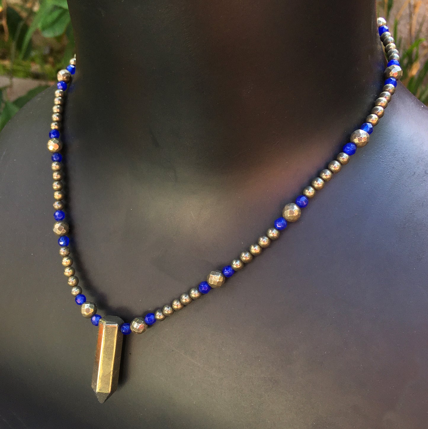 Pyrite Pendent necklace with Blue jade Gemstones