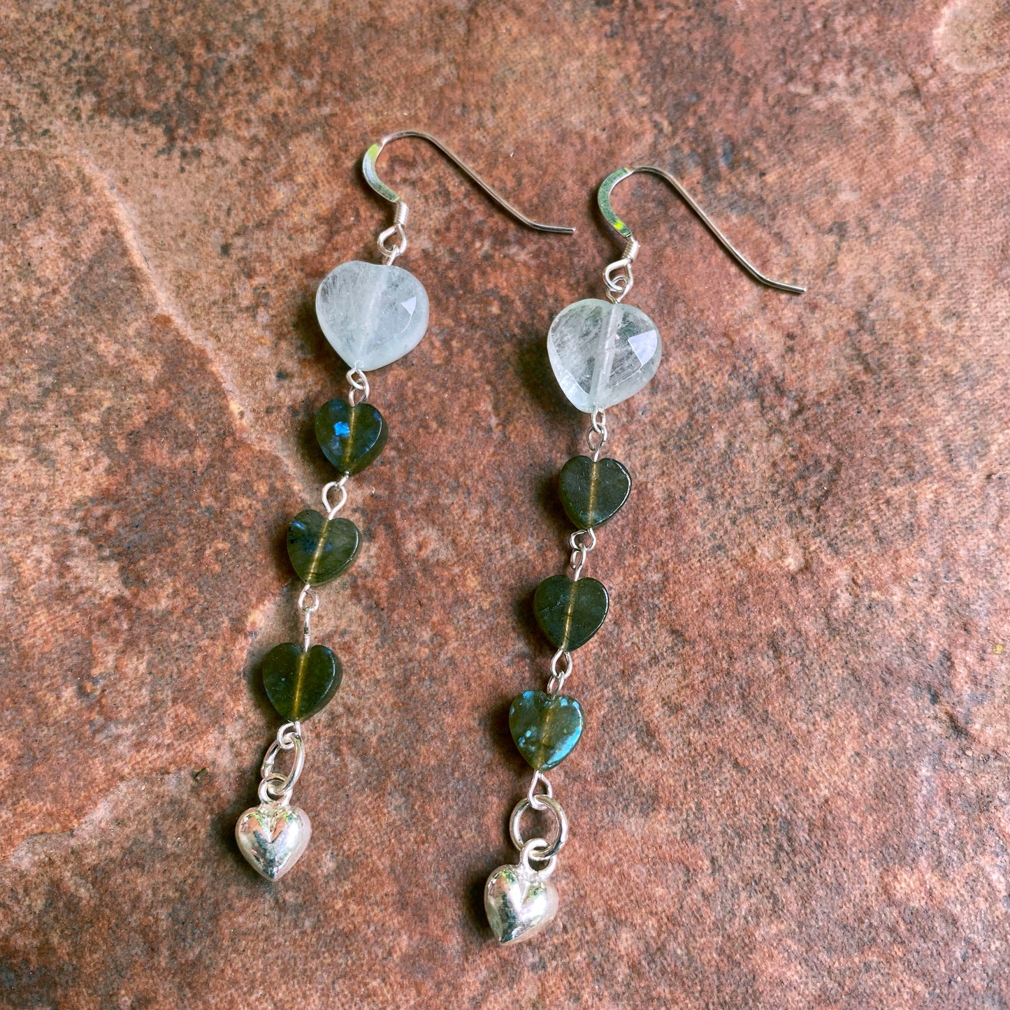 Women's Aquamarine and Labradorite heart earrings with sterling silver hearts