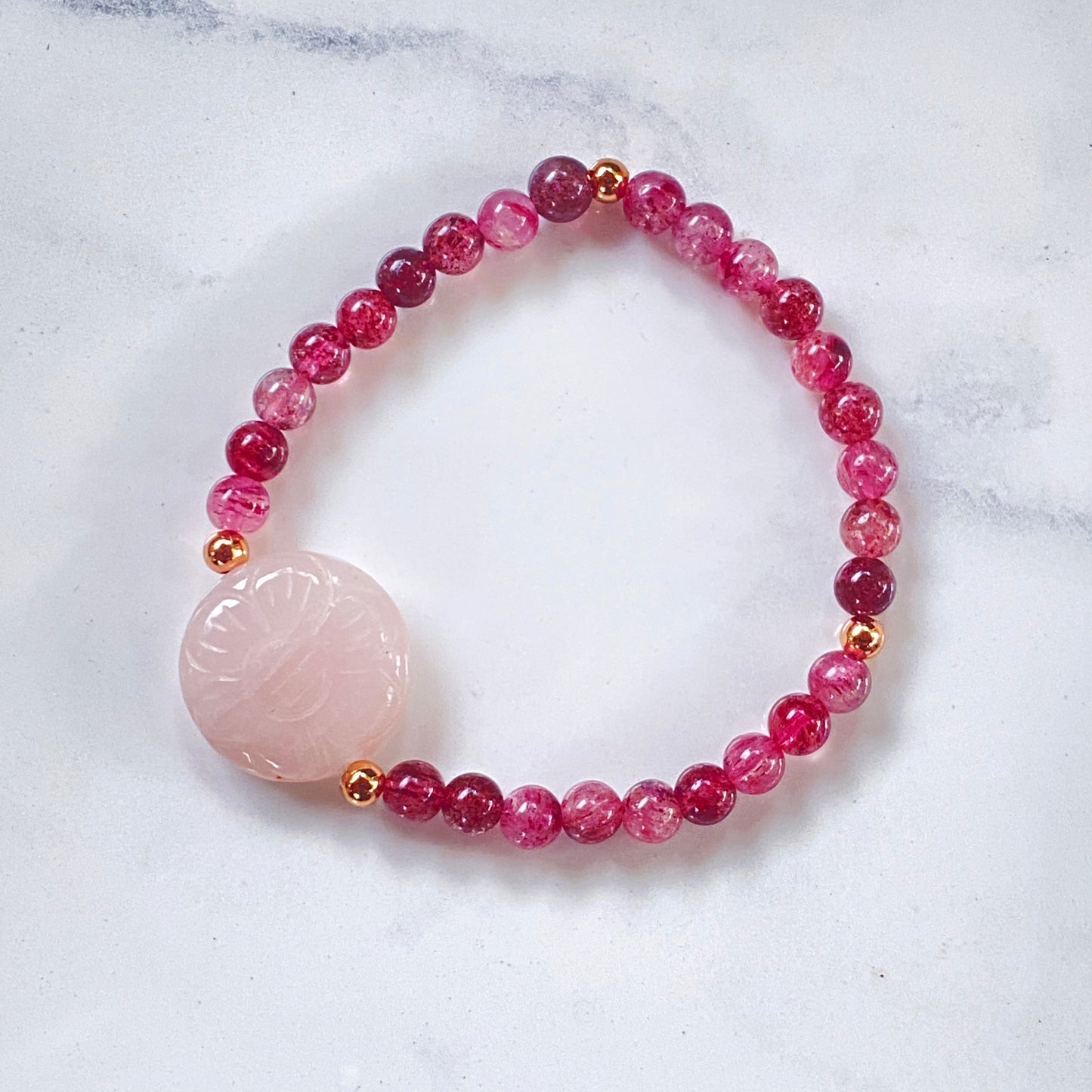 Mixed Tormaline or Red Lepidolite and Rose Quartz gemstone bracelets