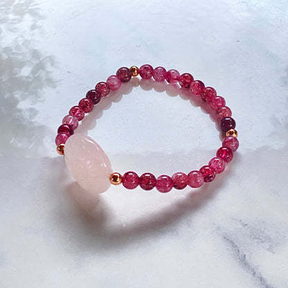 Mixed Tormaline or Red Lepidolite and Rose Quartz gemstone bracelets