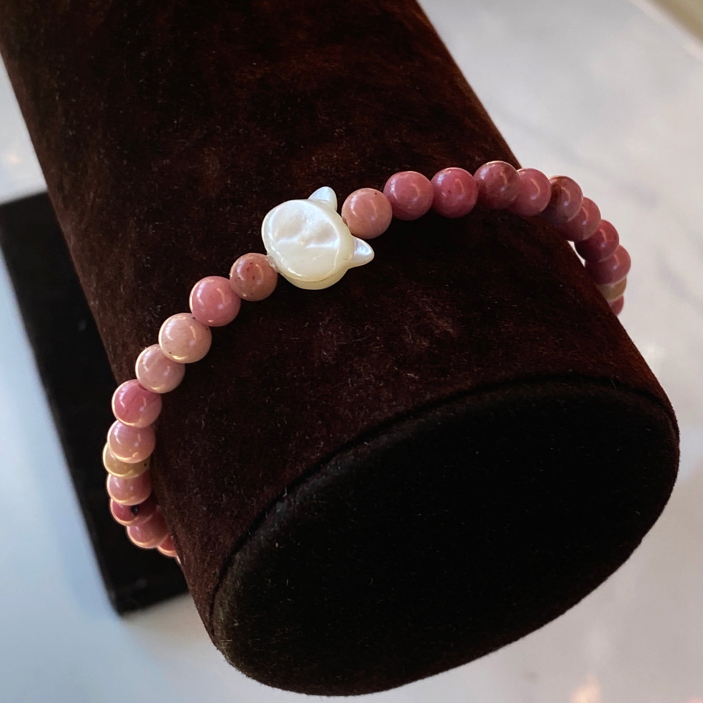 Natural Rhodonite Kitty Cat Stretch Bracelet