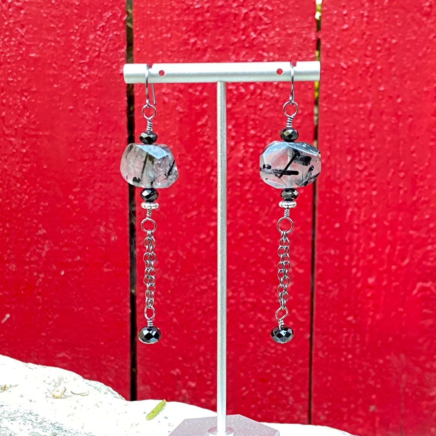 Tourmalinated Quartz, Black Spinel, and Oxidized Sterling Silver Long Dangle Earrings