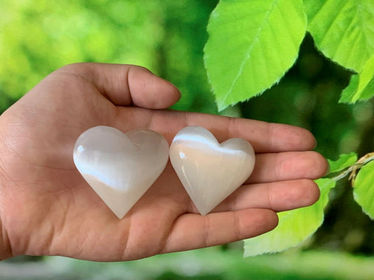 Selenite Gemstone Heart, Puffy Heart, 1.75" - 2", Palm Pocket Heart