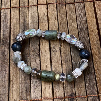 Women’s Clear Quartz, Labradorite and Hematite Buddha Gemstone beaded stretch Bracelet