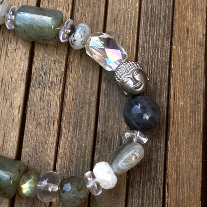 Women’s Clear Quartz, Labradorite and Hematite Buddha Gemstone beaded stretch Bracelet