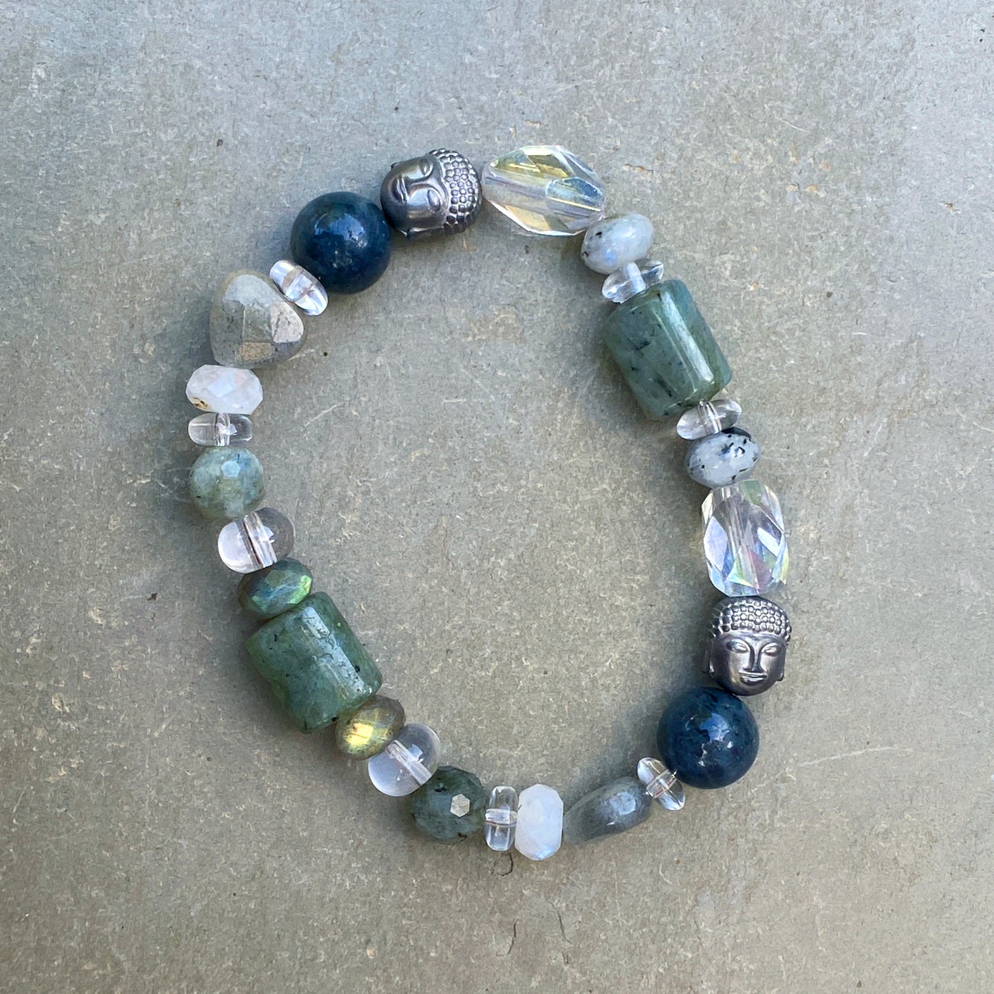 Women’s Clear Quartz, Labradorite and Hematite Buddha Gemstone beaded stretch Bracelet