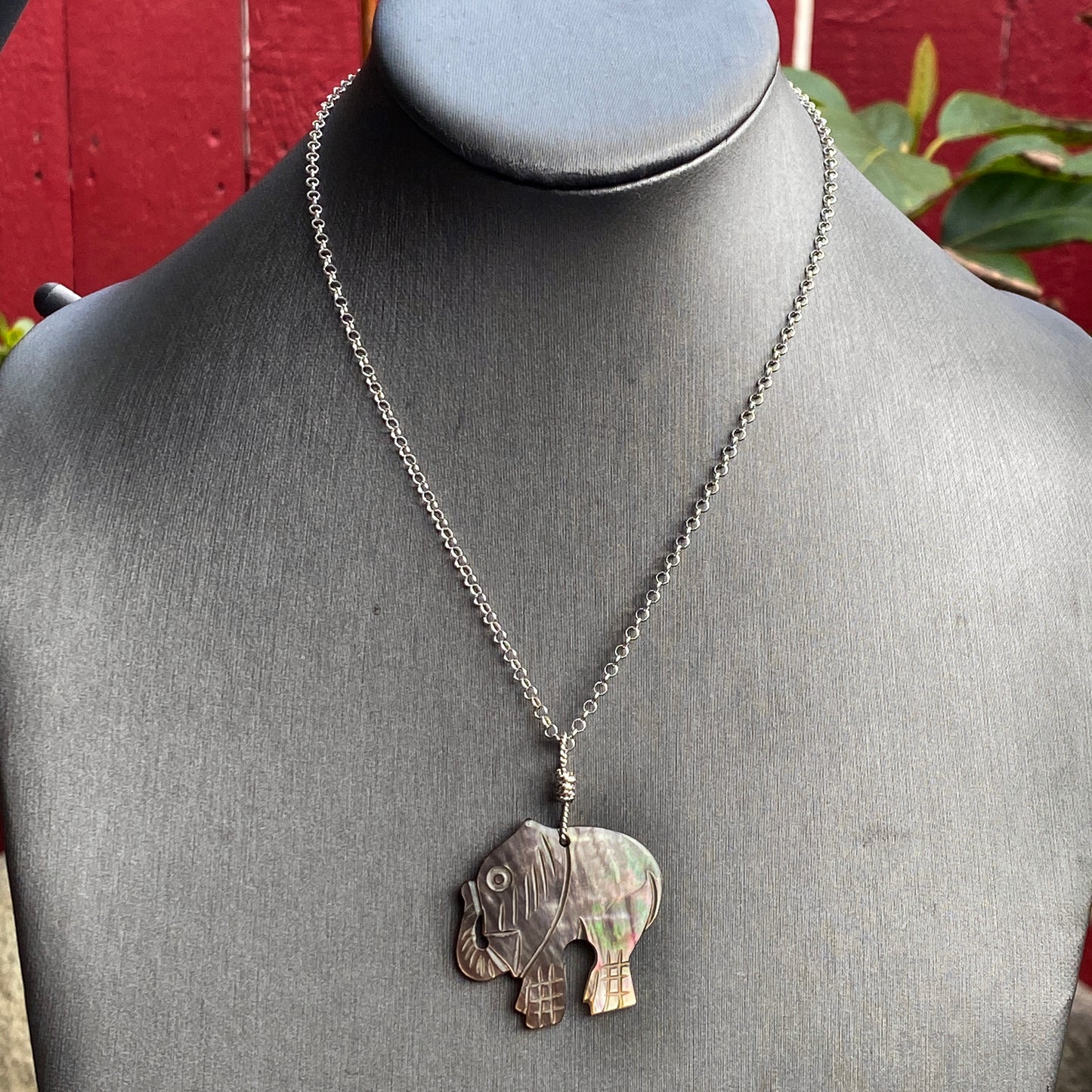 Mother of Pearl carved elephant pendant necklace of Sterling Silver