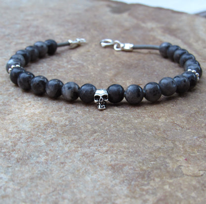 Labradorite or Quartz with Sterling Silver Skull Leather Bracelet