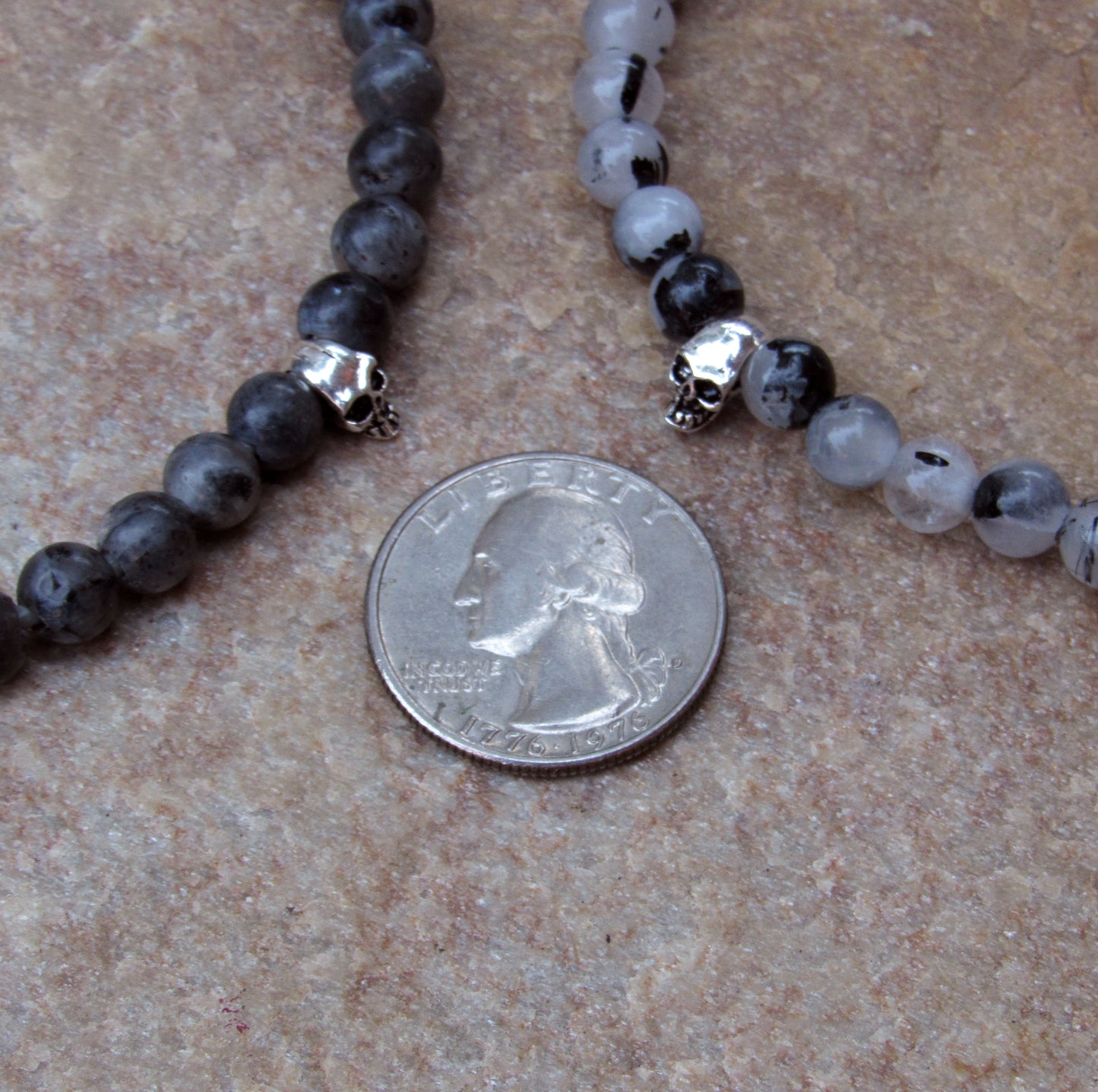 Labradorite or Quartz with Sterling Silver Skull Leather Bracelet