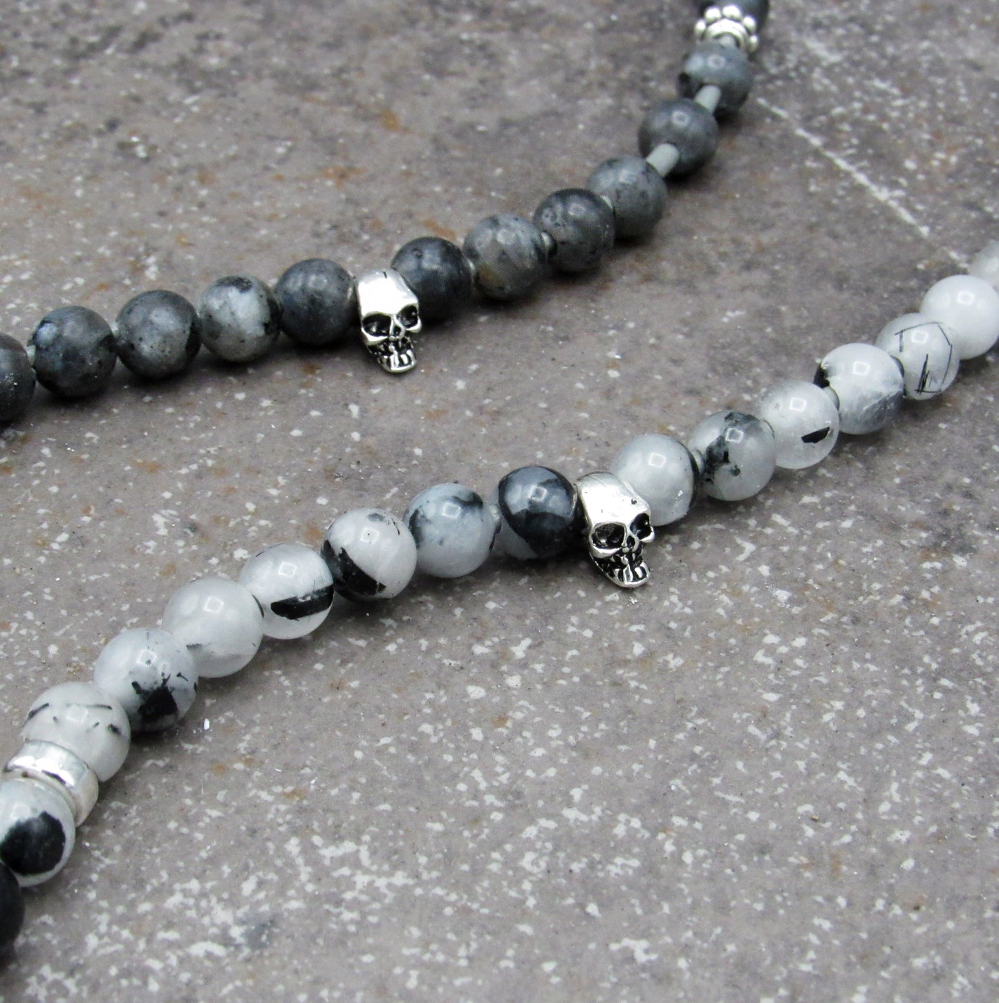 Labradorite or Quartz with Sterling Silver Skull Leather Bracelet
