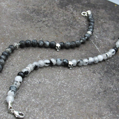 Labradorite or Quartz with Sterling Silver Skull Leather Bracelet