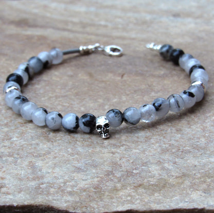 Labradorite or Quartz with Sterling Silver Skull Leather Bracelet