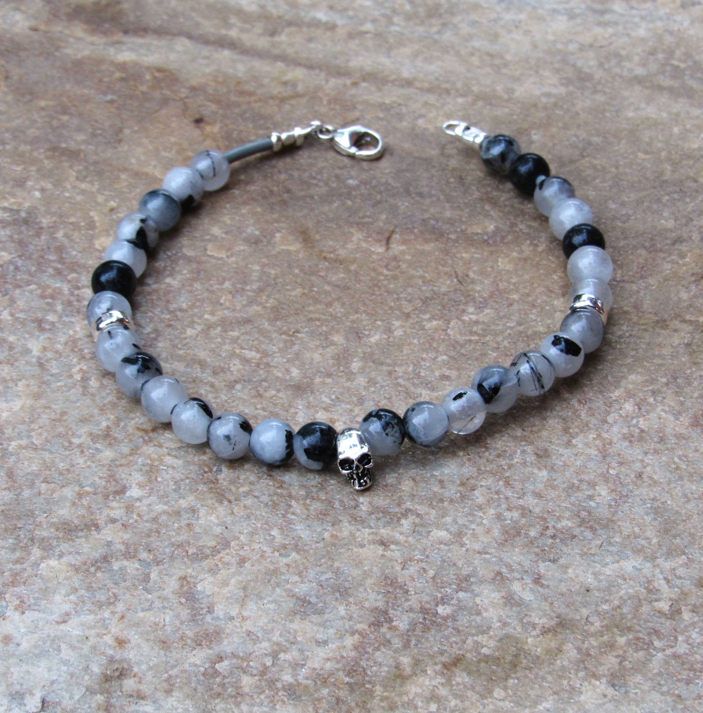 Labradorite or Quartz with Sterling Silver Skull Leather Bracelet