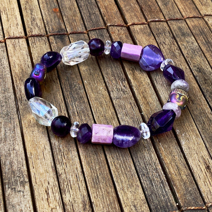 Women's Amethyst, Purple Lepidolite, purple Fluorite, Clear Quartz Gemstone Bracelet