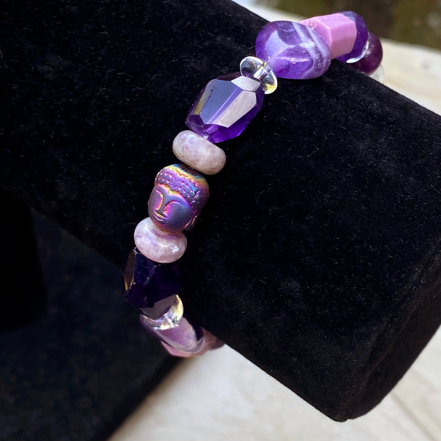 Women's Amethyst, Purple Lepidolite, purple Fluorite, Clear Quartz Gemstone Bracelet