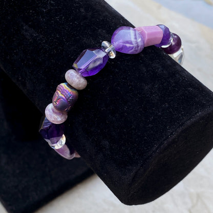 Women's Amethyst, Purple Lepidolite, purple Fluorite, Clear Quartz Gemstone Bracelet