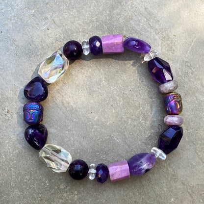 Women's Amethyst, Purple Lepidolite, purple Fluorite, Clear Quartz Gemstone Bracelet