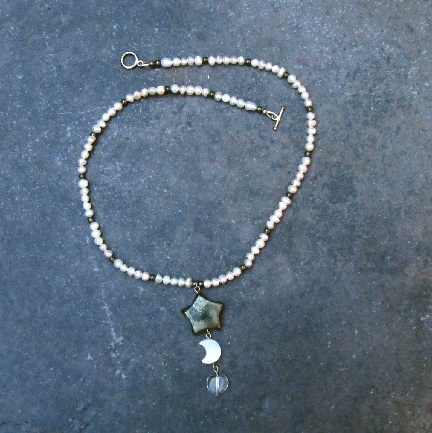 Pyrite Star, Mother of Pearl Moon, Clear Quartz Heart gemstone Necklace