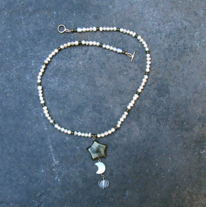 Pyrite Star, Mother of Pearl Moon, Clear Quartz Heart gemstone Necklace