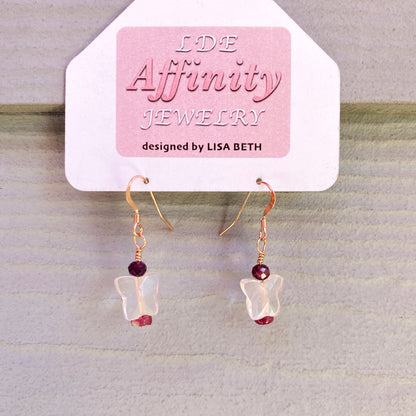 Precious ruby,  Rose Quartz butterfly & Pink Tourmaline, 14 kt rose gold drop earrings.