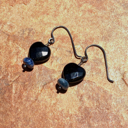 Tiny Faceted Onyx Gemstone Hearts and Precious Sapphire earrings