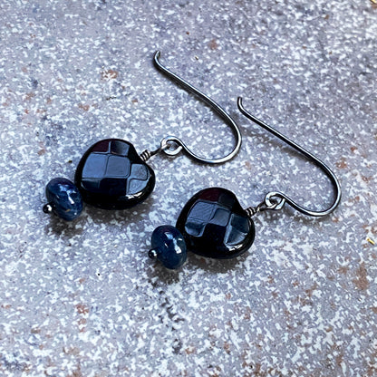 Tiny Faceted Onyx Gemstone Hearts and Precious Sapphire earrings