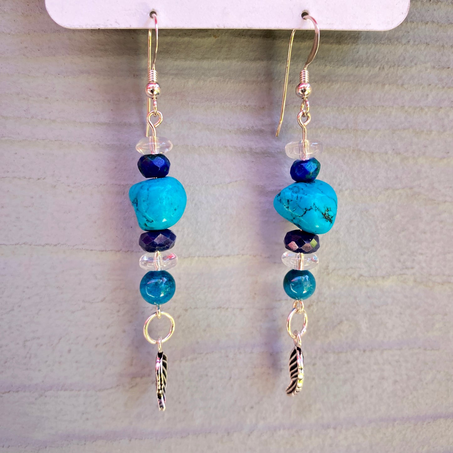 Turquoise Gemstone drop Earrings with Sapphire, Gemstones and sterling silver peace sign or feather