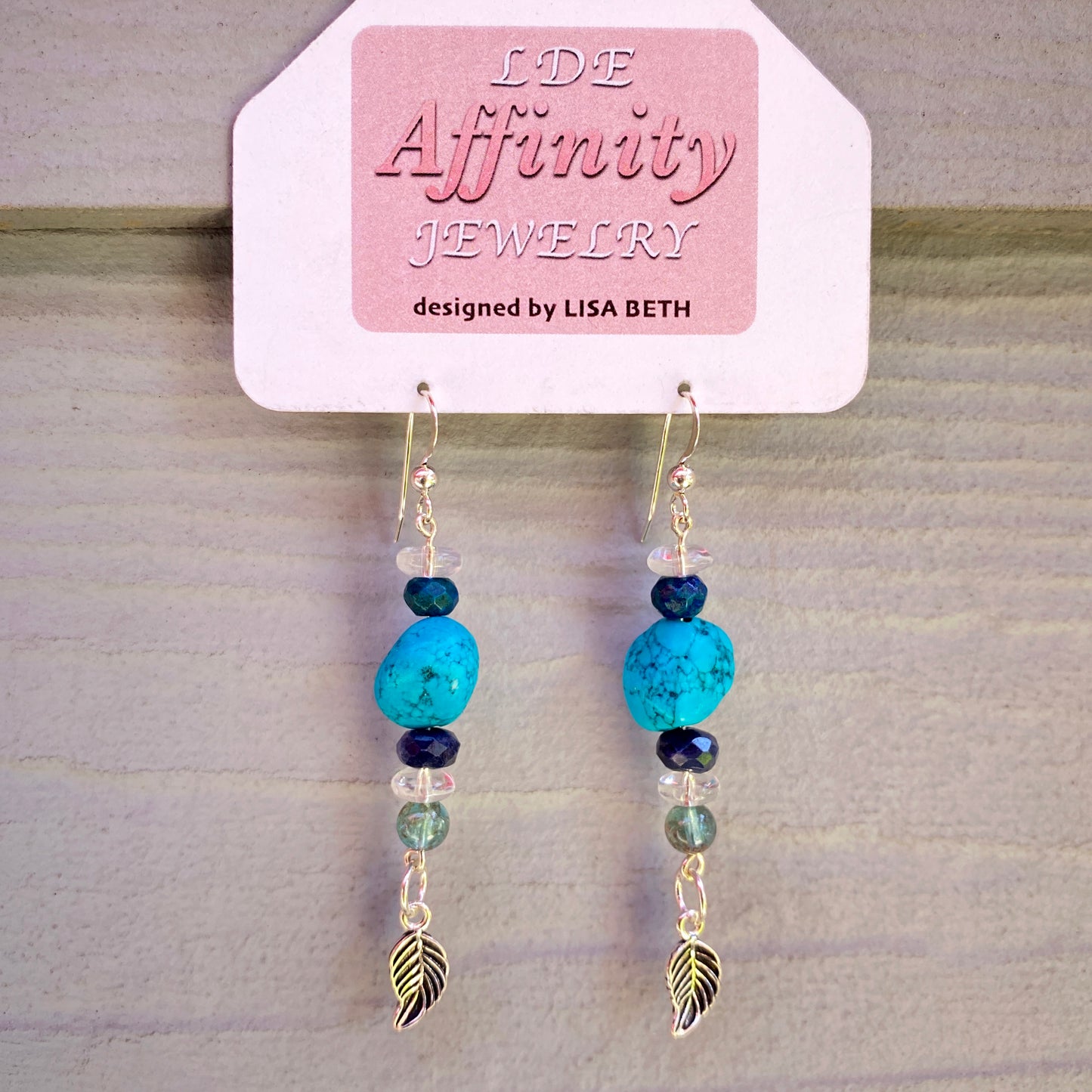 Turquoise Gemstone drop Earrings with Sapphire, Gemstones and sterling silver peace sign or feather