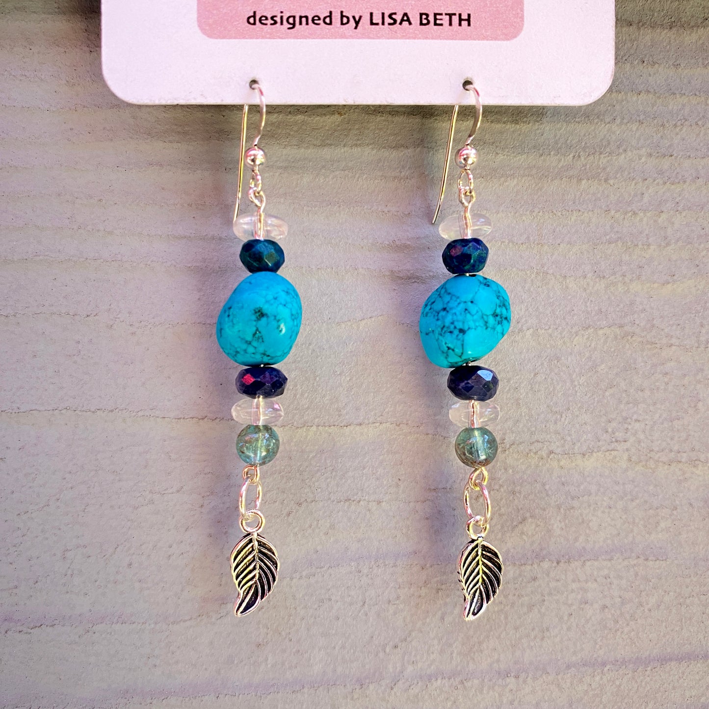 Turquoise Gemstone drop Earrings with Sapphire, Gemstones and sterling silver peace sign or feather