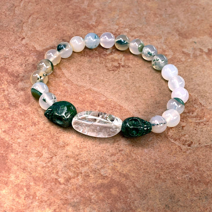 Moss Agate, Pyrite Skulls, and Phantom Quartz Men’s Stretch Bracelet