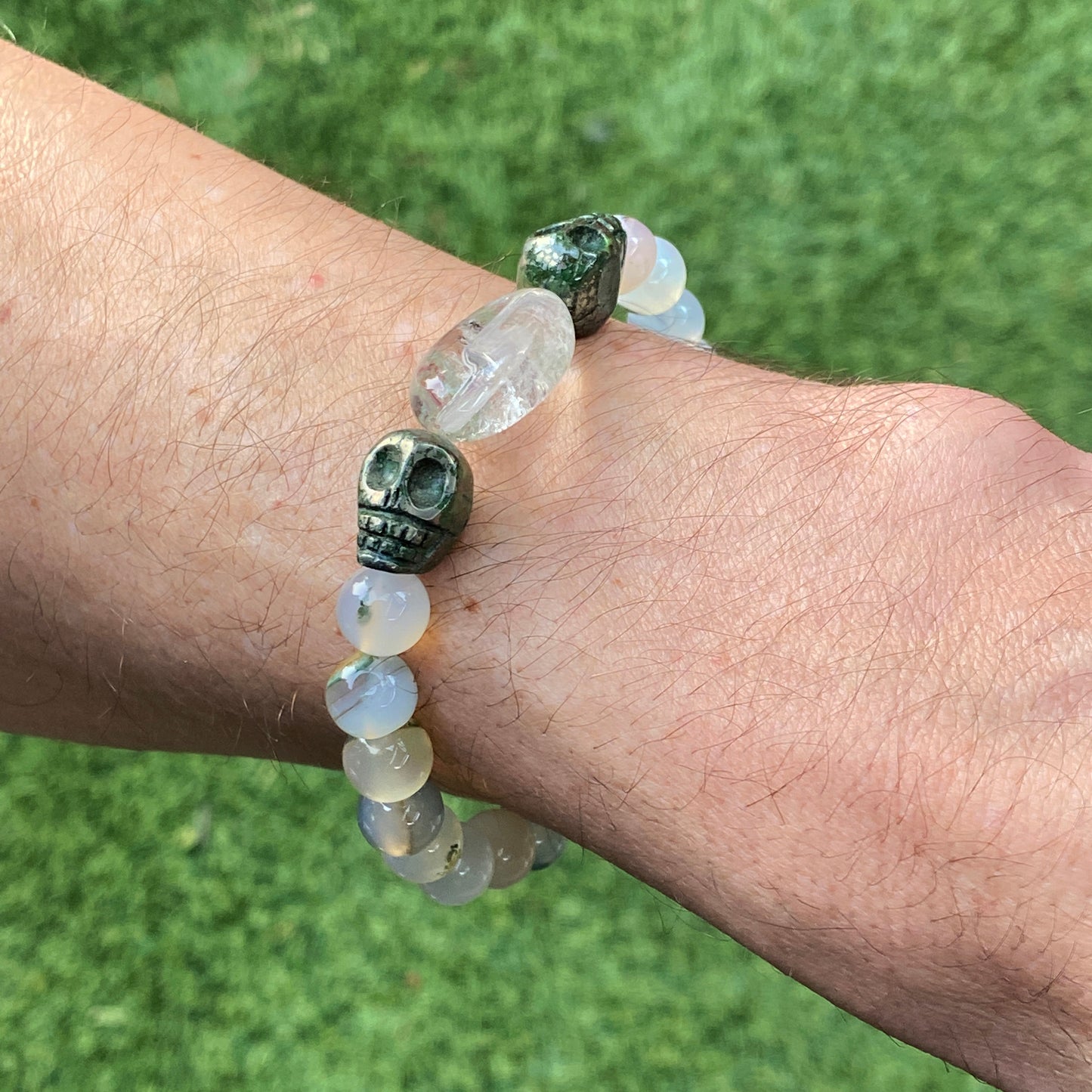 Moss Agate, Pyrite Skulls, and Phantom Quartz Men’s Stretch Bracelet