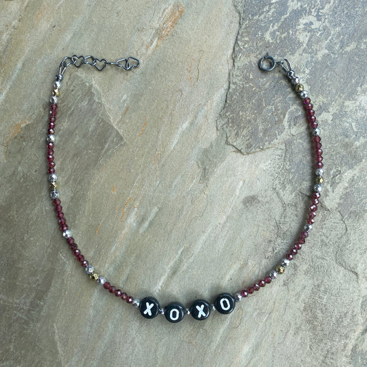 Garnet, Hematite “xoxo” Gemstone Anklet with oxidized silver clasp and chain