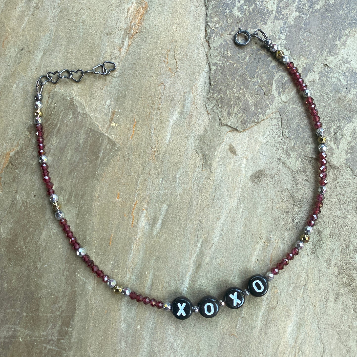 Garnet, Hematite “xoxo” Gemstone Anklet with oxidized silver clasp and chain