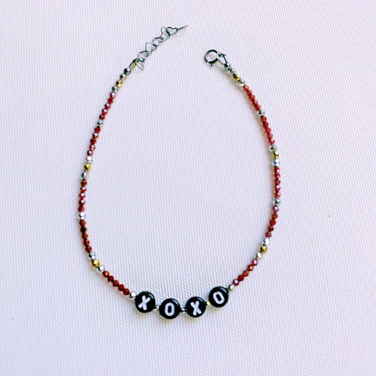 Garnet, Hematite “xoxo” Gemstone Anklet with oxidized silver clasp and chain