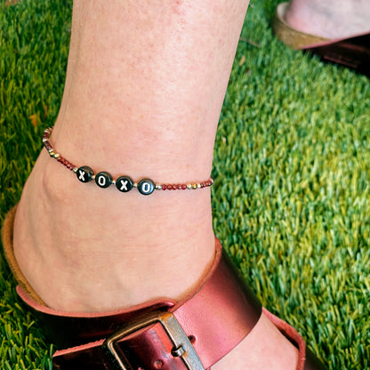 Garnet, Hematite “xoxo” Gemstone Anklet with oxidized silver clasp and chain