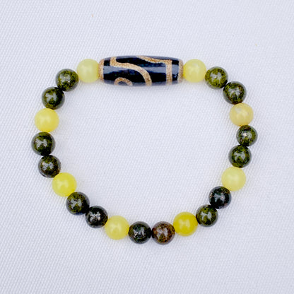 Men's Lemon Jade, green Pyrite, and Tibetan Agate Gemstone stretch Bracelet