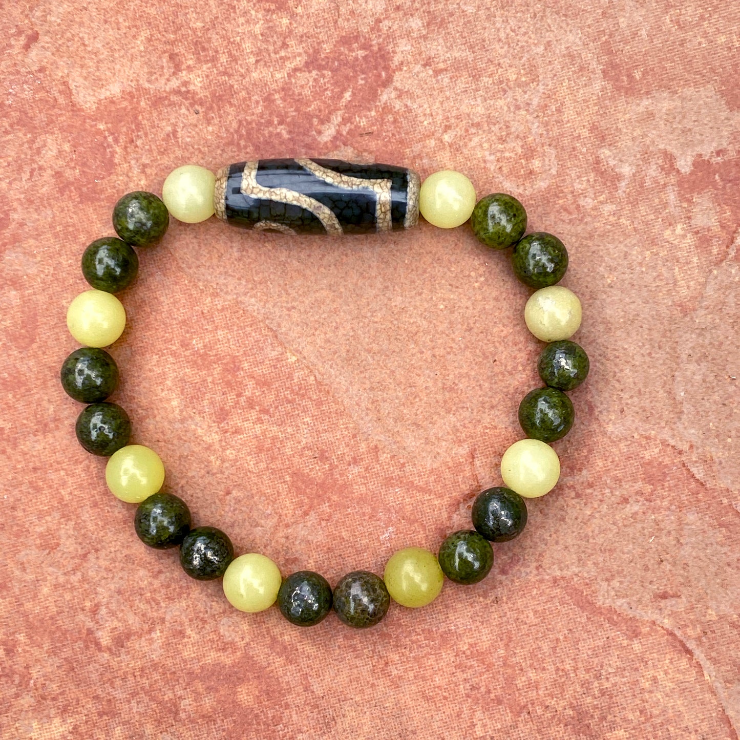 Men's Lemon Jade, green Pyrite, and Tibetan Agate Gemstone stretch Bracelet