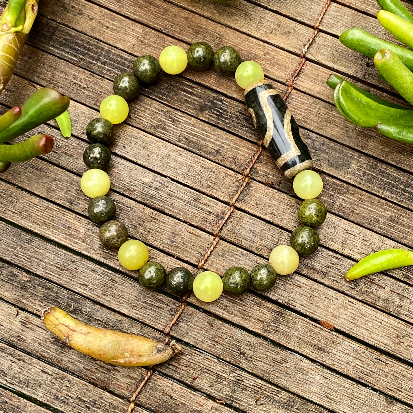 Men's Lemon Jade, green Pyrite, and Tibetan Agate Gemstone stretch Bracelet